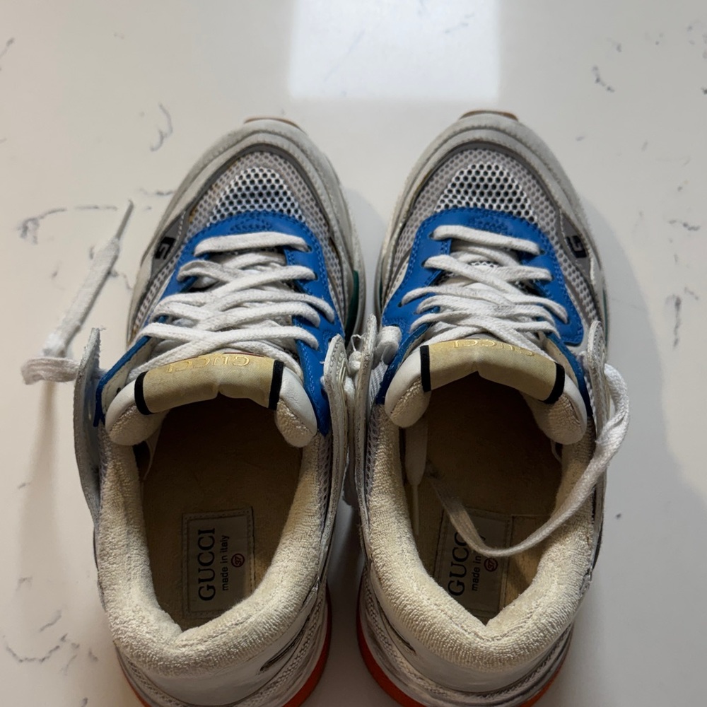 Gucci White and Blue Mesh Leather Sneakers - Picture 3 of 7